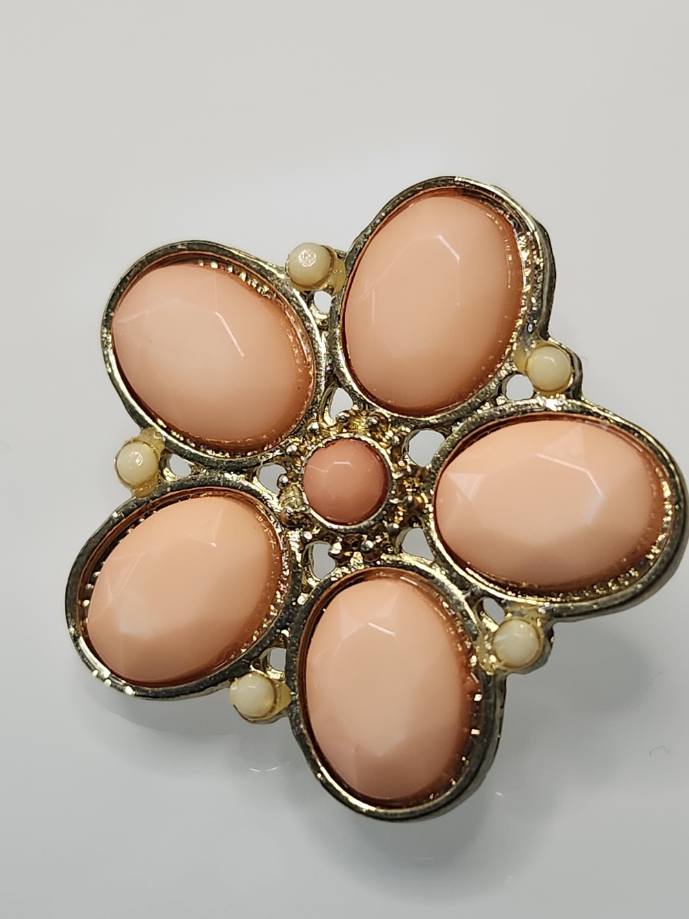 Vintage Earrings Pink Floral Peach Petal Stone Stud Earrings Gold Tone Accents
